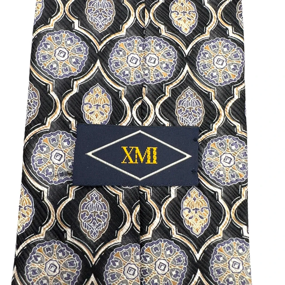 XMI 100% Silk Dress Tie Made in USA Black Geometric Pattern‎ 58